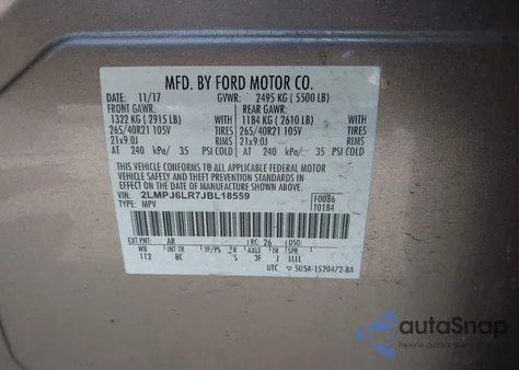 2018 Lincoln Mkx Reserve z USA, uszkodzony, nr VIN 2LMPJ6LR7JBL18559